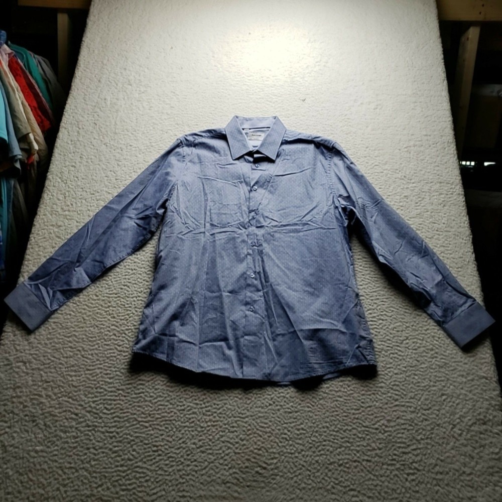 Duchamp Dress Shirt Mens 17.5 Blue Polka Dot Slim Fit Cotton Long Sleeve